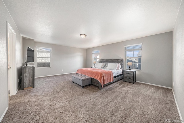 carpeted bedroom with a textured ceiling, multiple windows, and baseboards