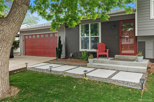 8764 W 95th Ave, Broomfield, CO 80021 - view of front of house featuring driveway, brick siding, an attached garage, a front lawn, and a porch