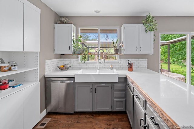 8764 W 95th Ave, Broomfield, CO 80021 - kitchen featuring stainless steel dishwasher, a sink, tasteful backsplash, and light countertops