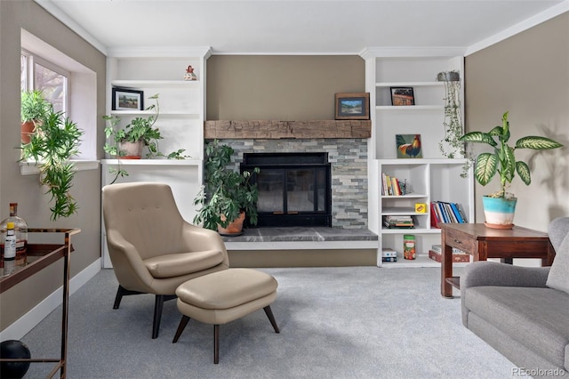 8764 W 95th Ave, Broomfield, CO 80021 - living area featuring a stone fireplace, crown molding, and built in shelves