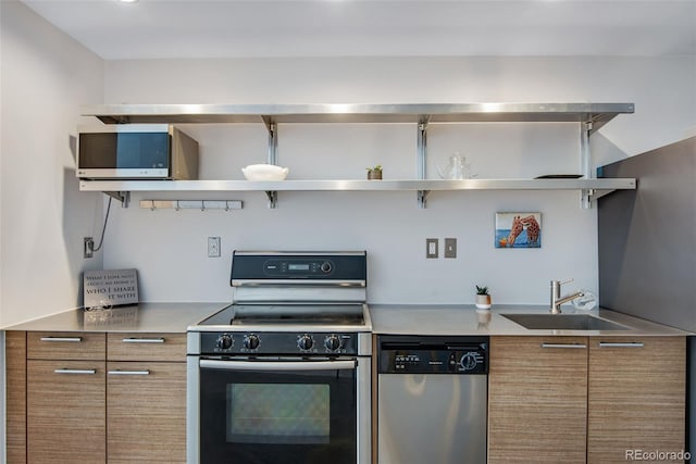 kitchen with open shelves, range with electric cooktop, dishwasher, a sink, and stainless steel countertops