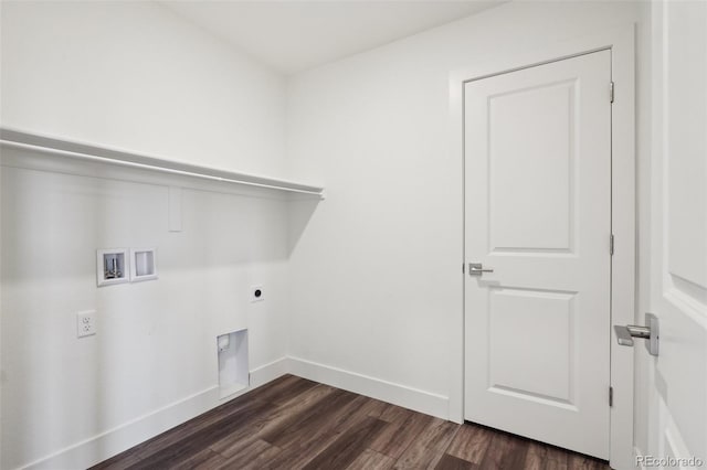 clothes washing area featuring laundry area, baseboards, hookup for a washing machine, dark wood-style floors, and electric dryer hookup