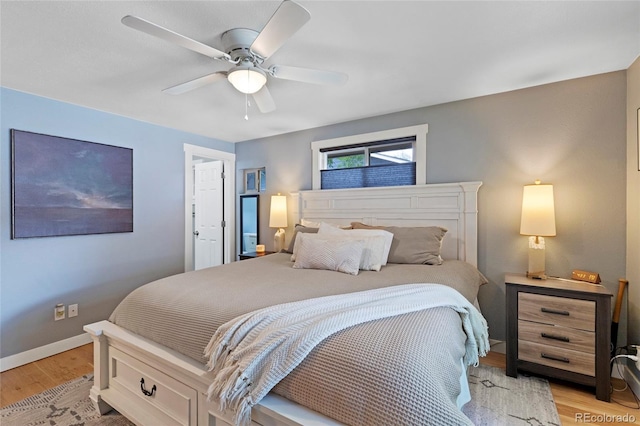 bedroom featuring ceiling fan and light hardwood / wood-style flooring