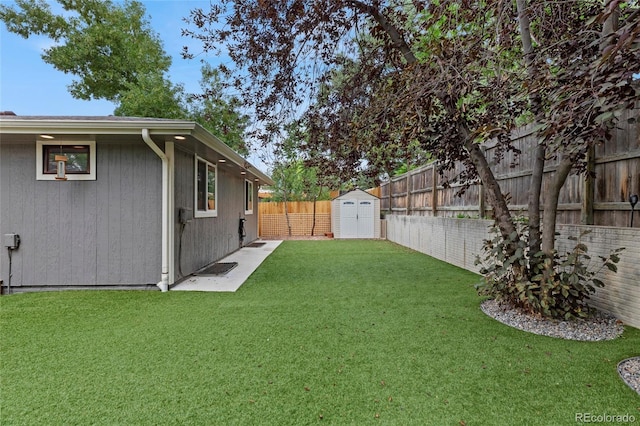 view of yard with a fenced backyard, an outdoor structure, and a storage shed