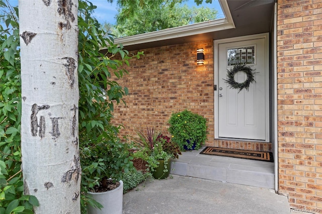 doorway to property with brick siding