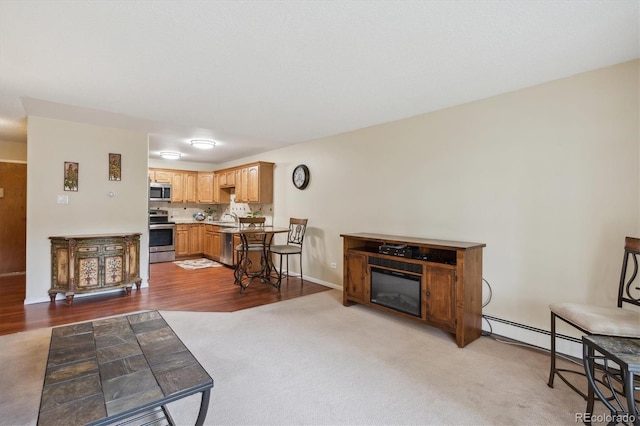 living area with wood finished floors, carpet flooring, baseboards, and a glass covered fireplace