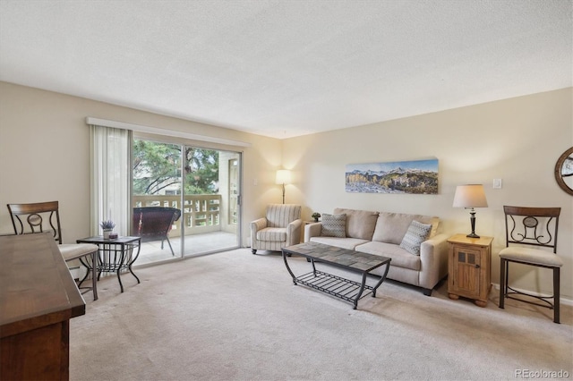 carpeted living area featuring a textured ceiling