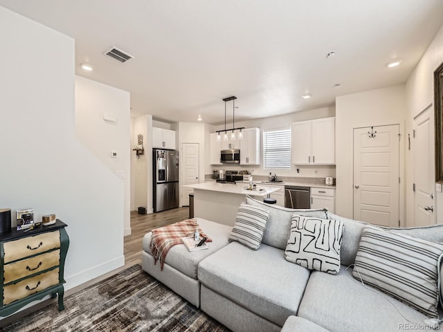 living room featuring sink and hardwood / wood-style flooring