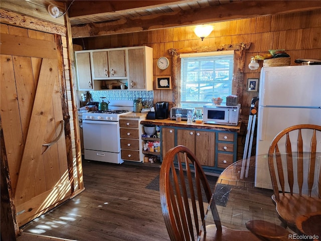 kitchen with wood ceiling, white appliances, wooden walls, beam ceiling, and dark hardwood / wood-style floors