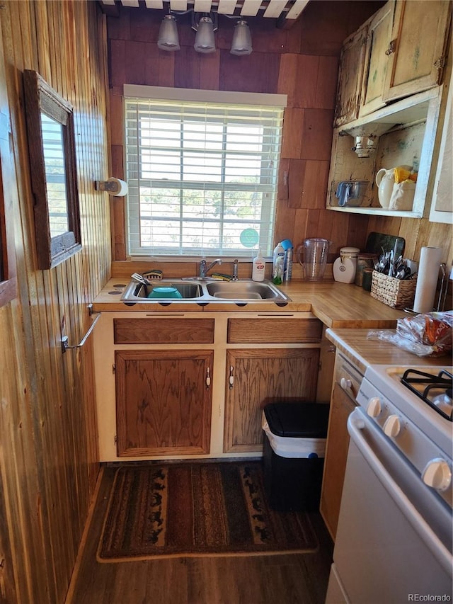 kitchen featuring white stove, dark hardwood / wood-style floors, sink, and wooden walls