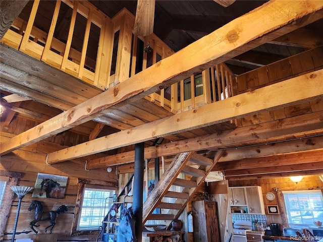 room details with beam ceiling, wooden ceiling, and wooden walls