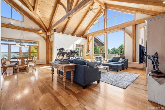 living area featuring high vaulted ceiling, beam ceiling, wooden ceiling, ceiling fan, and light wood-style floors