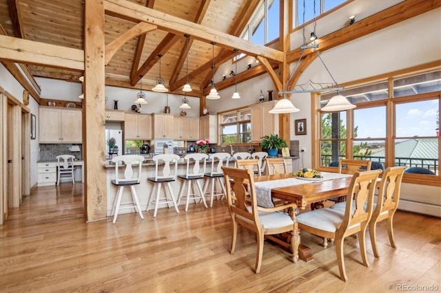 dining area with wooden ceiling, light wood-type flooring, high vaulted ceiling, and beam ceiling