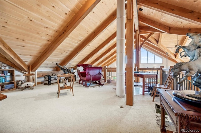 bedroom featuring carpet flooring, wooden ceiling, and lofted ceiling with beams