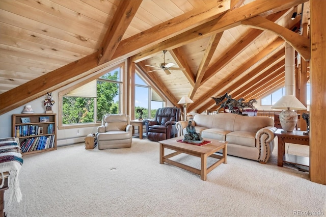 carpeted living area featuring wood ceiling, a ceiling fan, baseboard heating, and vaulted ceiling with beams