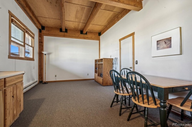 carpeted dining room featuring wood ceiling, beamed ceiling, and a baseboard heating unit