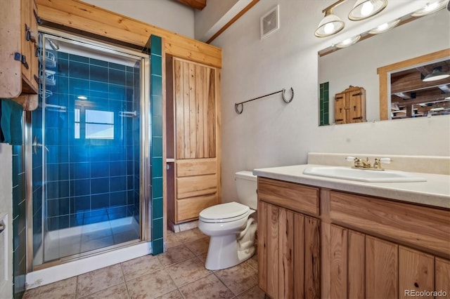 bathroom with tile patterned floors, toilet, visible vents, and a stall shower