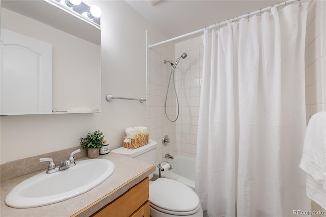 full bathroom featuring vanity, shower / bath combination with curtain, and toilet