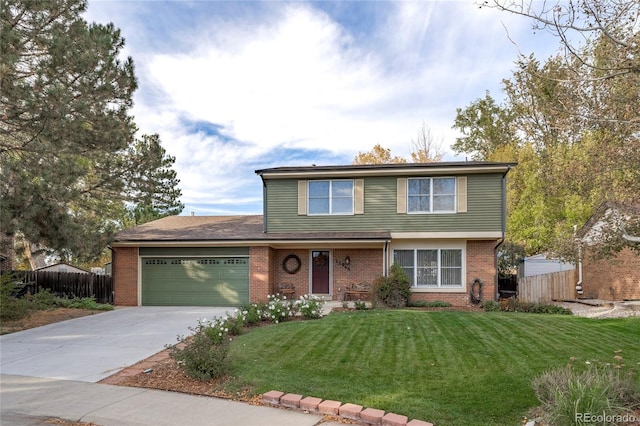 traditional-style house featuring a front lawn, fence, and brick siding