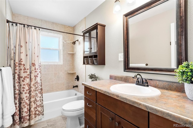 bathroom featuring toilet, tile patterned floors, shower / bathtub combination with curtain, and vanity