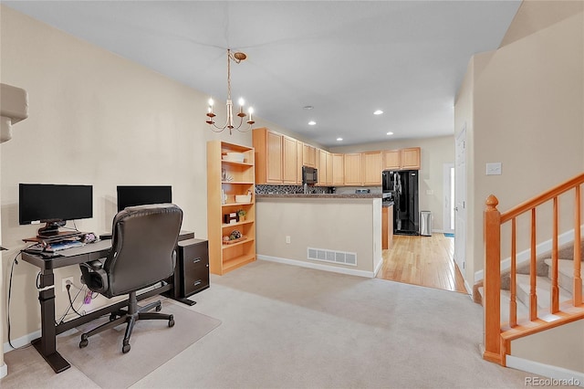 22801 E Briarwood Pl, Aurora, CO 80016 - home office with recessed lighting, light carpet, and a chandelier