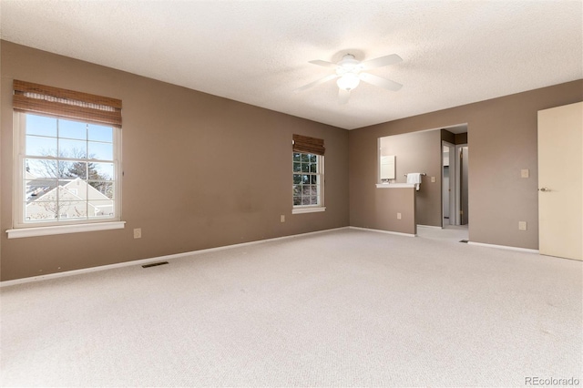 interior space with a textured ceiling, ceiling fan, and carpet