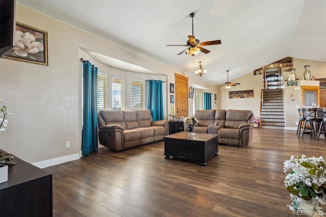 living room featuring ceiling fan, lofted ceiling, and dark hardwood / wood-style floors