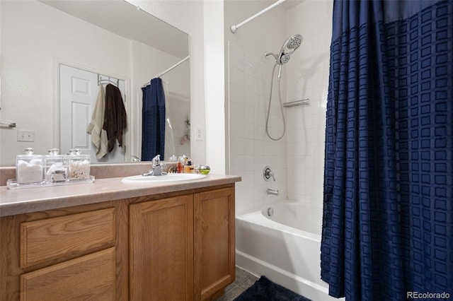 bathroom with vanity and shower / tub combo with curtain