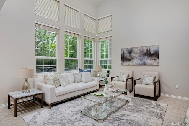 2500 Lexington St, Lafayette, CO 80026 - living area featuring carpet floors, healthy amount of natural light, a towering ceiling, and baseboards
