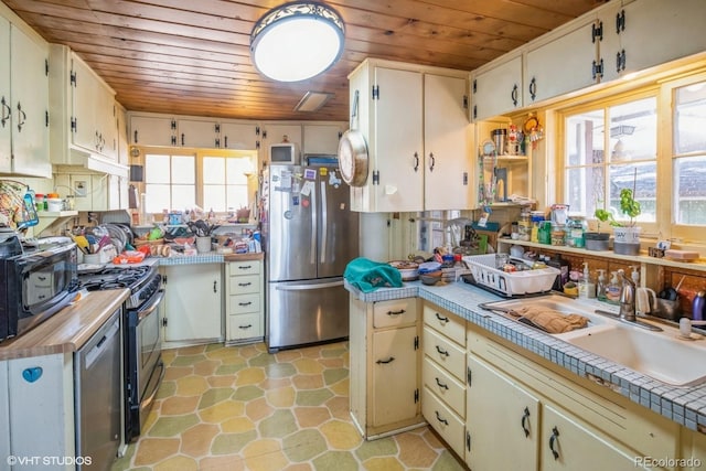 kitchen featuring white cabinets, wooden ceiling, sink, and appliances with stainless steel finishes