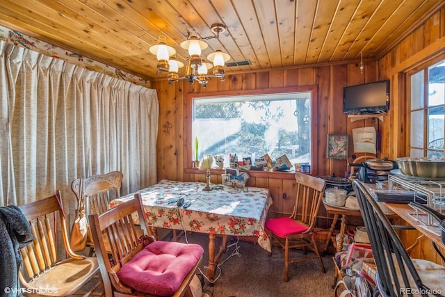 dining room with a chandelier, carpet flooring, wooden ceiling, and wood walls