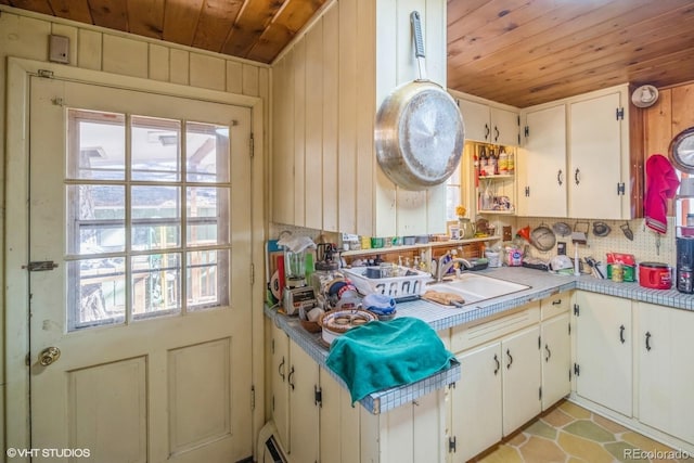 kitchen with wood walls, sink, white cabinets, and wood ceiling