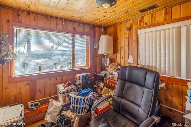 living area featuring wood walls and wooden ceiling