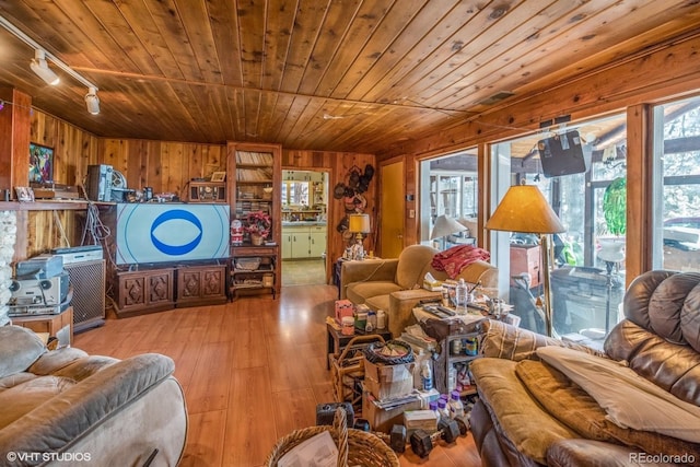 living room with wood walls, light wood-type flooring, wooden ceiling, and track lighting