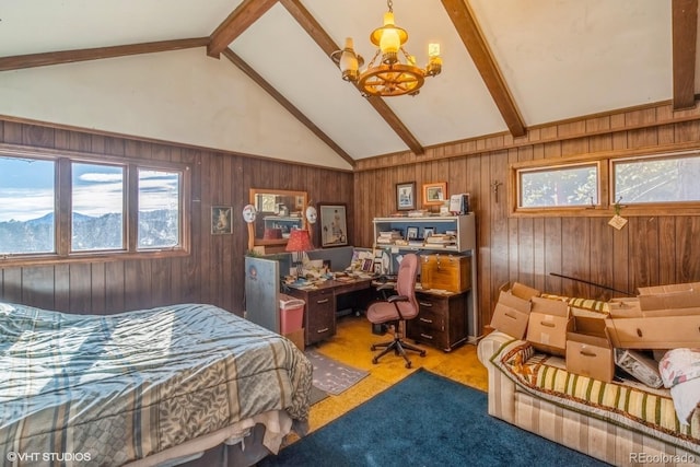 bedroom featuring a notable chandelier and vaulted ceiling with beams