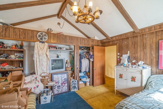 bedroom with carpet, an inviting chandelier, wooden walls, beamed ceiling, and a closet