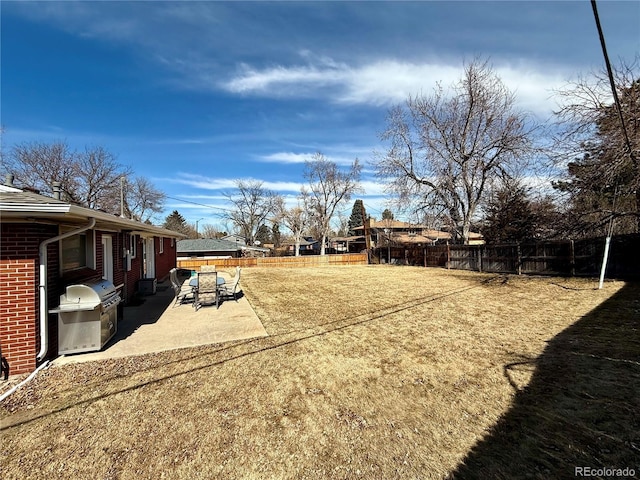 view of yard featuring a fenced backyard and a patio