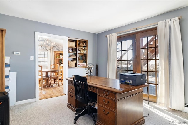 home office with light colored carpet