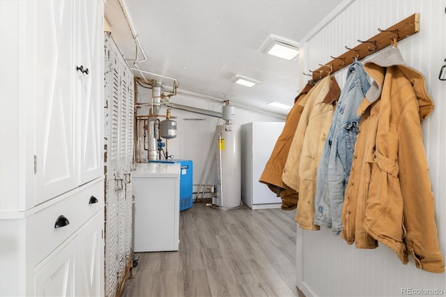 clothes washing area featuring light hardwood / wood-style flooring, gas water heater, and washer / clothes dryer