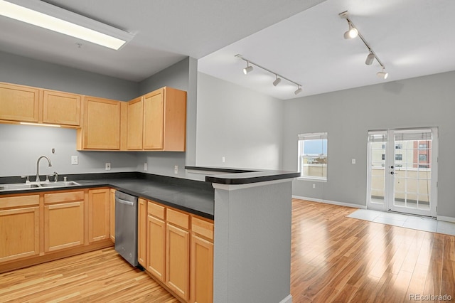 1780 N Washington St Unit 405, Denver, CO 80203 - kitchen with a sink, stainless steel dishwasher, light wood-style floors, dark countertops, and a peninsula