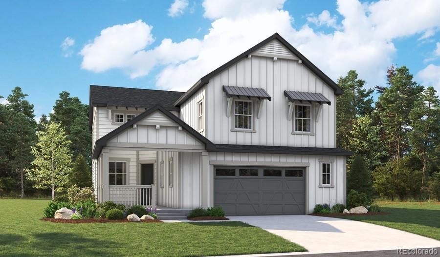 modern farmhouse featuring a porch, board and batten siding, driveway, and a front yard