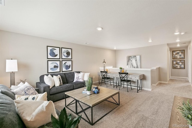 living room with light colored carpet