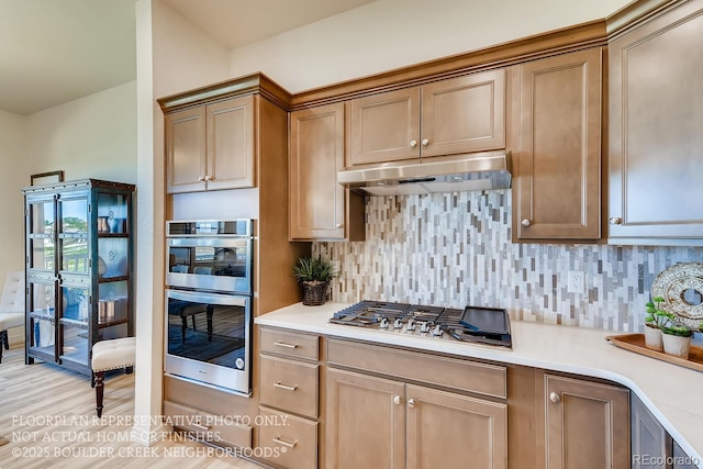 935 W 128th Pl, Westminster, CO 80234 - kitchen with stainless steel appliances, under cabinet range hood, decorative backsplash, light countertops, and light wood-style flooring
