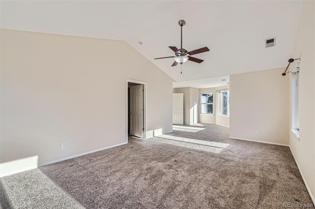 2660 Timberchase Trl, Highlands Ranch, CO 80126 - spare room with carpet floors, ceiling fan, baseboards, and high vaulted ceiling