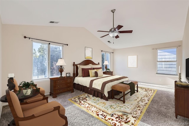 2660 Timberchase Trl, Highlands Ranch, CO 80126 - carpeted bedroom featuring lofted ceiling, multiple windows, baseboards, and a ceiling fan