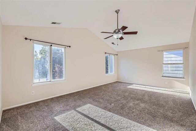 2660 Timberchase Trl, Highlands Ranch, CO 80126 - carpeted empty room featuring vaulted ceiling, a ceiling fan, plenty of natural light, and baseboards