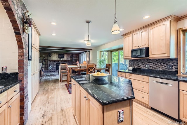 7863 W Friend Dr, Littleton, CO 80128 - kitchen featuring stainless steel dishwasher, light brown cabinetry, black microwave, tasteful backsplash, and recessed lighting