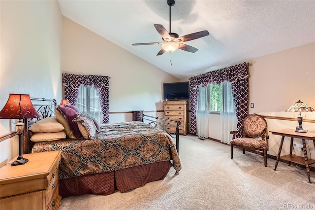 7863 W Friend Dr, Littleton, CO 80128 - bedroom featuring light colored carpet, a ceiling fan, high vaulted ceiling, and a textured ceiling