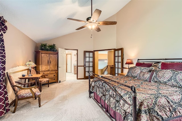 7863 W Friend Dr, Littleton, CO 80128 - bedroom with light colored carpet, high vaulted ceiling, and ceiling fan