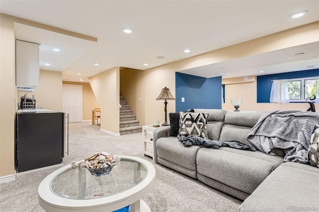7863 W Friend Dr, Littleton, CO 80128 - living room with light carpet, stairway, recessed lighting, and baseboards